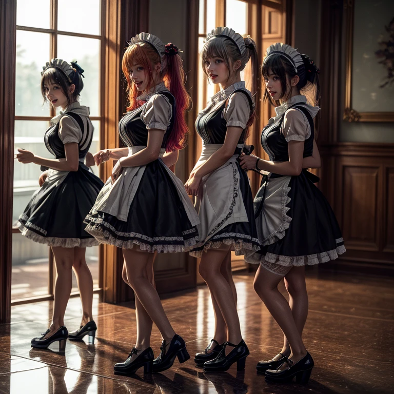 (Extremely Detailed((Kawaii Maid Group in a row:1.37))), Childish perfect face, Reflective Eyes, Detailed(Delicate Clothing textures), Dynamic Joyful Expressions LifeLike Rendering, (Specular Reflection:1.2), TopQuality 8K Ultra-detailed masterpiece (ProfessionalPhoto:1.37), (Acutance:0.8), (Luminism:1.28), (Renaissance art style), (Colorful Light particles:0.75), (Muscle:-0.5), ((Full body from side)), SkirtLift, glossy floor, Radiant Fine Skin with Transparency, (Exposed:0.5), (Diferlent types of Various hair colors like anime characters:1.32)