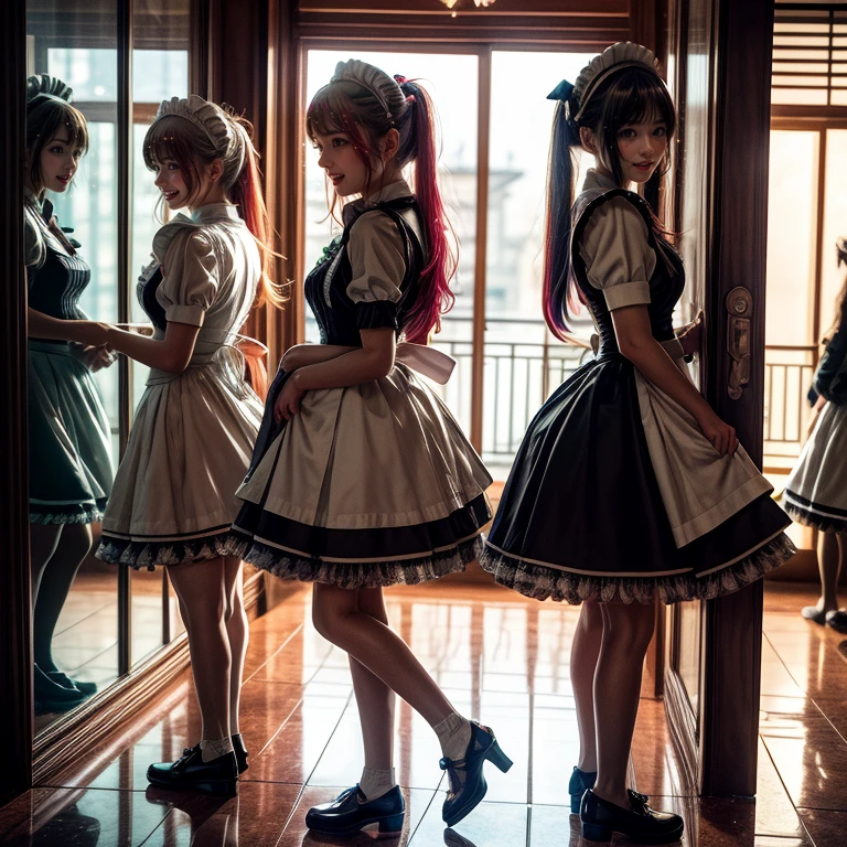 (Extremely Detailed((Kawaii Maid Group in a row:1.37))), Childish perfect face, Reflective Eyes, Detailed(Delicate Clothing textures), Dynamic Joyful Expressions LifeLike Rendering, (Specular Reflection:1.2), TopQuality 8K Ultra-detailed masterpiece (ProfessionalPhoto:1.37), (Acutance:0.8), (Luminism:1.28), (Renaissance art style), (Colorful Light particles:0.75), (Muscle:-0.5), ((Full body from side)), SkirtLift, glossy floor, Radiant Fine Skin with Transparency, (Exposed:0.5), (Diferlent types of Various hair colors like anime characters:1.32)