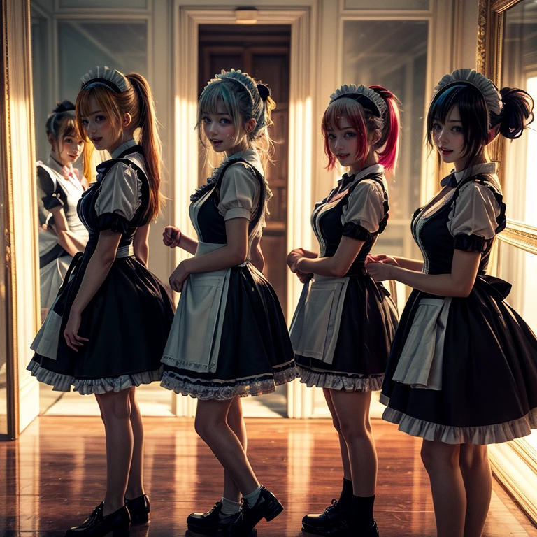 (Extremely Detailed((Kawaii Maid Group in a row:1.37))), Childish perfect face, Reflective Eyes, Detailed(Delicate Clothing textures), Dynamic Joyful Expressions LifeLike Rendering, (Specular Reflection:1.2), TopQuality 8K Ultra-detailed masterpiece (ProfessionalPhoto:1.37), (Acutance:0.8), (Luminism:1.28), (Renaissance art style), (Colorful Light particles:0.75), (Muscle:-0.5), ((Full body from side)), SkirtLift, glossy floor, Radiant Fine Skin with Transparency, (Exposed:0.5), (Diferlent types of Various hair colors like anime characters:1.32)