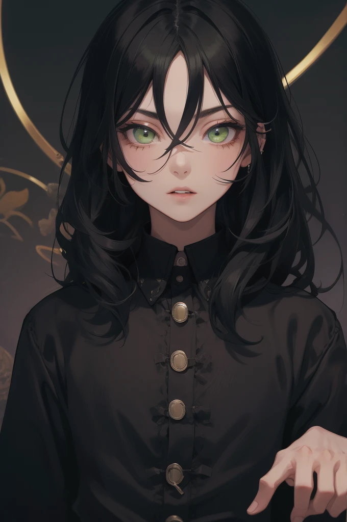 1boy, male focus, solo, full body, night, parted lips, high collar, looking at viewer, green eyes, long black hair, eyebrow piercing, monocle