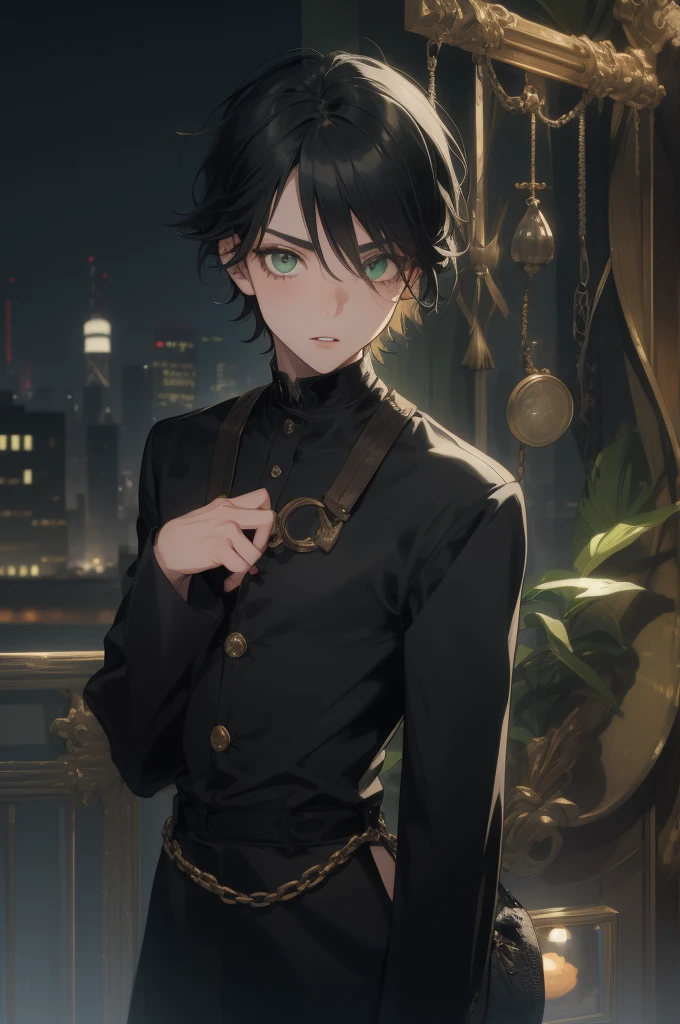 1boy, male focus, solo, full body, night, parted lips, high collar, looking at viewer, green eyes, long black hair, eyebrow piercing, monocle