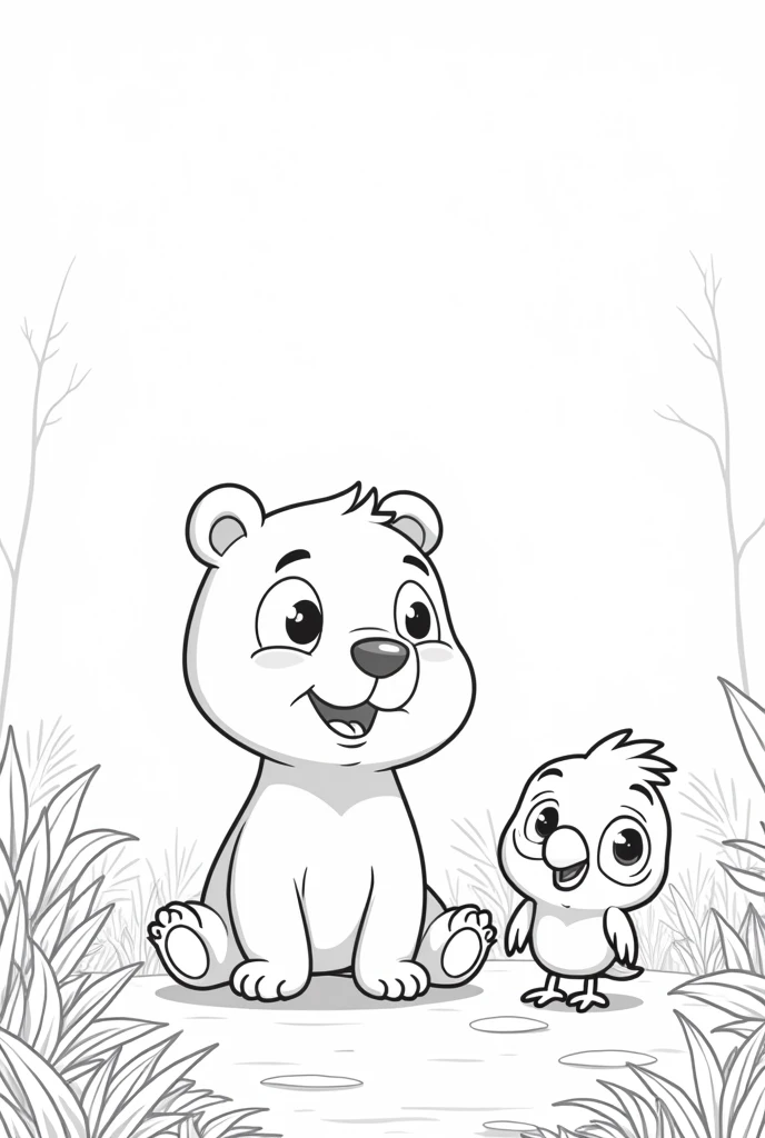 A beautiful happy bear with tender eyes and a happy parrot with big trees and plants around rounded edges in black and white with white background for a coloring book for kids in cartoon style