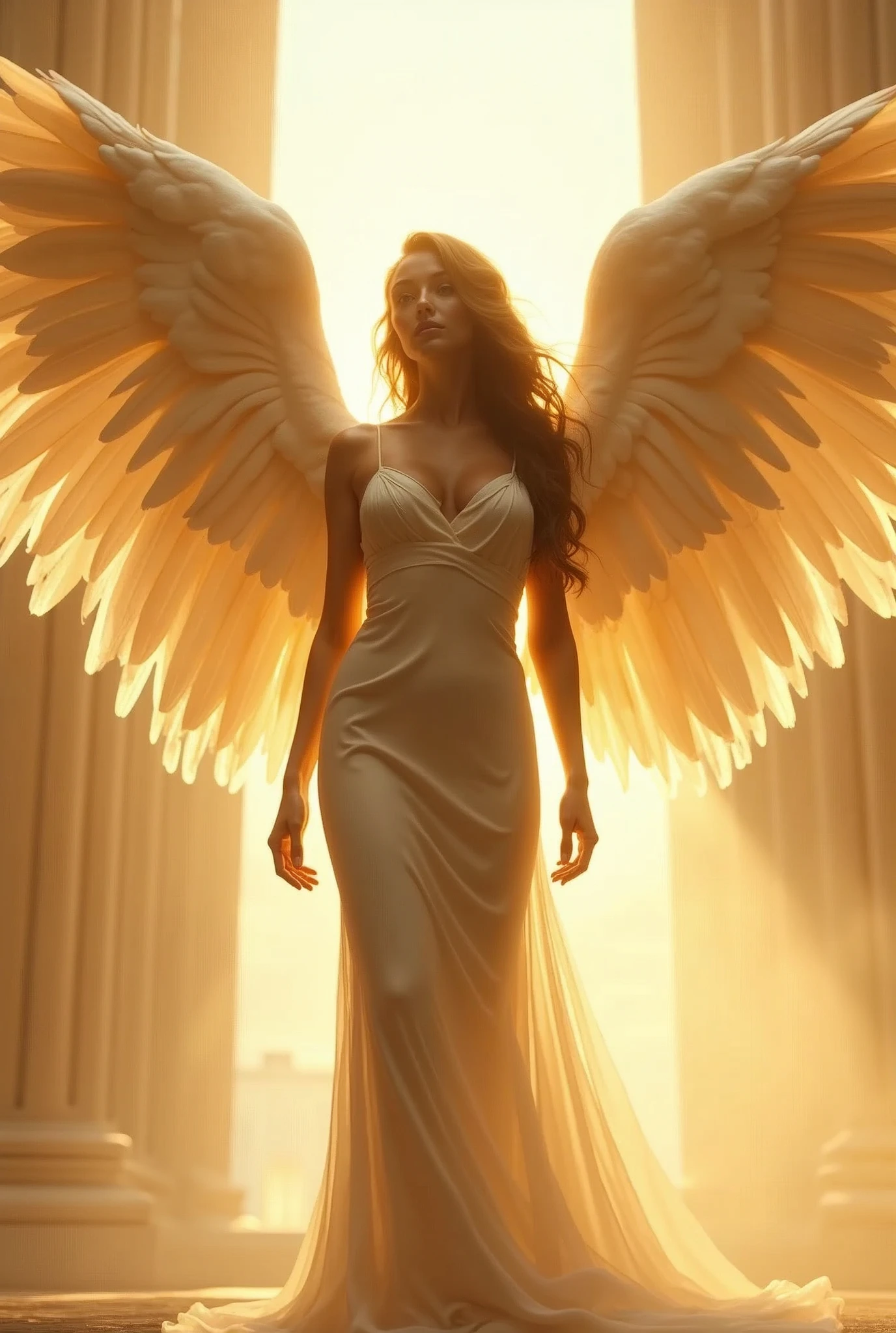 sexy angel girl with big boo posing naked in the sun, angelic wings on her back, full - body majestic angel, beautiful female angel, super wide angel, wide angel, wide angel shot, epic angel wings, of beautiful angel, tall female angel, beautiful angel, artgerm julie bell beeple, beautiful cyborg angel girl, cinematic goddess body shot