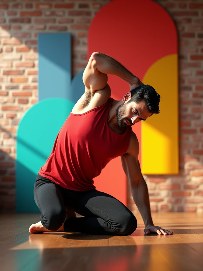Inside a bright pilates class with exposed brick walls, a male model with a muscular build and dark hair performs a pilates stretch on a mat. He's wearing a red sleeveless top and fitted black leggings that reach below his knees. His expression is focused and determined. Colorful abstract shapes in #FF6B66 and #FFC132 decorate the background, emphasizing his dynamic pose
