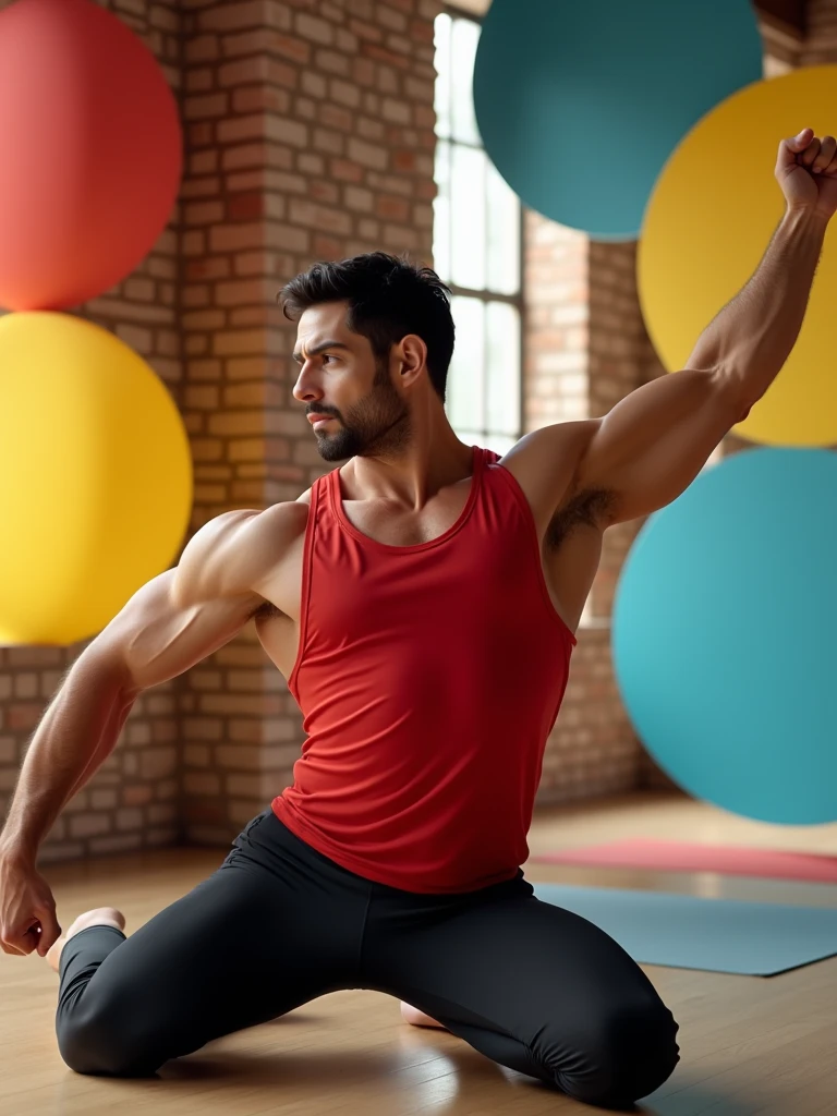 Inside a bright pilates class with exposed brick walls, a male model with a muscular build and dark hair performs a pilates stretch on a mat. He's wearing a red sleeveless top and fitted black leggings that reach below his knees. His expression is focused and determined. Colorful abstract shapes in #FF6B66 and #FFC132 decorate the background, emphasizing his dynamic pose