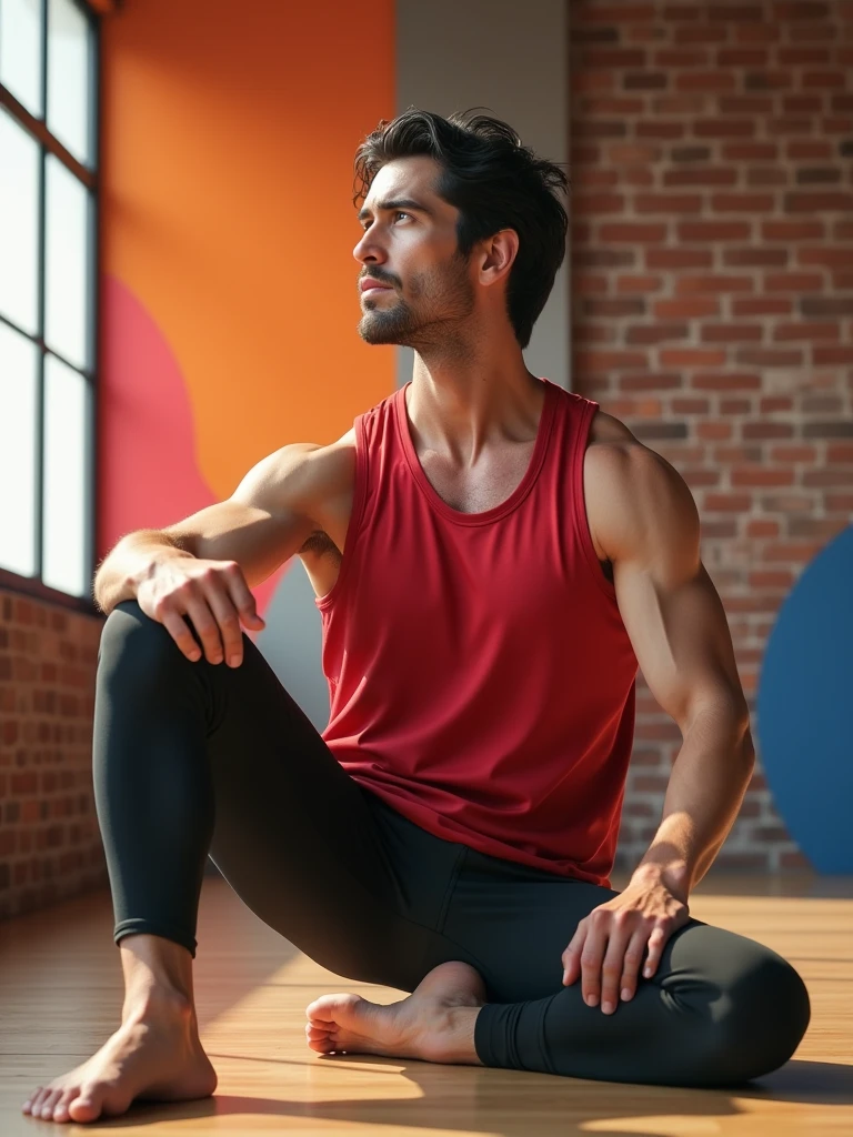Inside a bright pilates class with exposed brick walls, a male model with a muscular build and dark hair performs a pilates stretch on a mat. He's wearing a red sleeveless top and fitted black leggings that reach below his knees. His expression is focused and determined. Colorful abstract shapes in #FF6B66 and #FFC132 decorate the background, emphasizing his dynamic pose