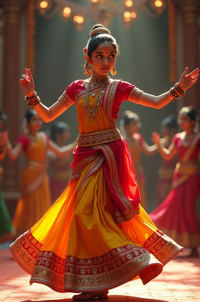 "A cute Indian girl, dressed in a vibrant traditional outfit, performs a lively and energetic dance. Her moves blend classical and modern elements, captivating the audience with her grace and charm. Traditional Indian music plays in the background, enhancing the engaging nature of the performance."