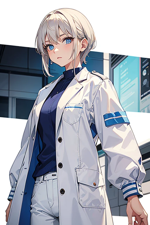 woman in her 20s, Mexican, slim build, nurse uniform, white coat, blue pants, Short blonde hair, spiky hair, blue eyes, looking directly at viewer white background