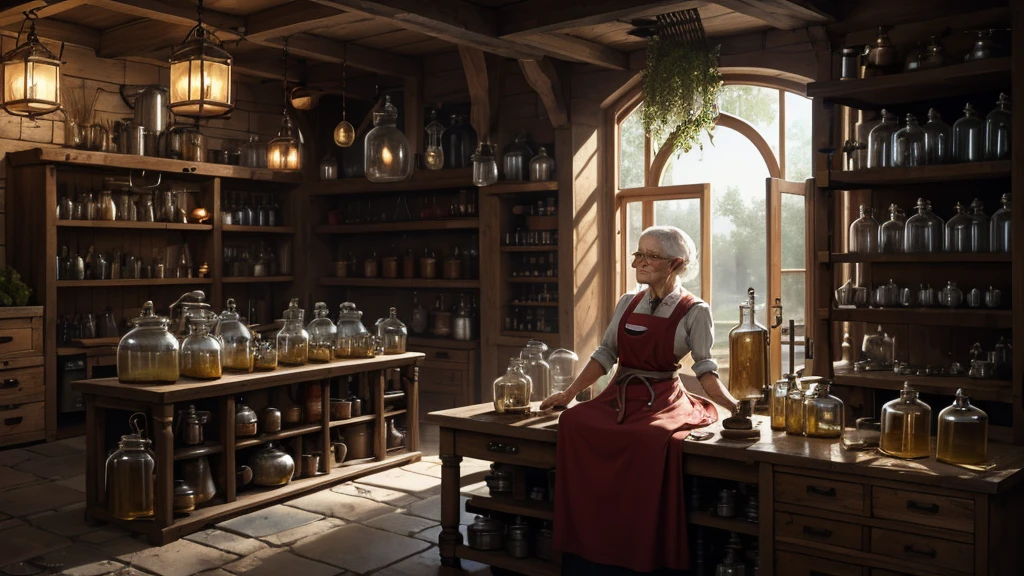 scene where old woman brewing the potion in her alchemist shop, There is a lot of herbs hanging from the ceiling, next to her is large tank for brewing and some metal pipes, stove for alchemy, tinkering, dirty leather clothes and thick leather apron, a lot of flasks and jars, gloomy mood