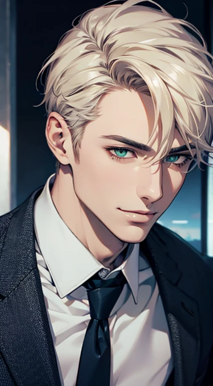 (Highest quality,4K,8K,High resolution,masterpiece:1.2),Super detailed,(Realistic,photoRealistic,photo-Realistic:1.37),1 person,34 years old,Mature Men,Beautiful skin、very handsome,Expressionless smile in love,Short white hair,green eyes,Sharp Eyes,A perfect face without a doubt,Businessman, CEO, Office Background,Cinema Lighting,HDR image,tie、