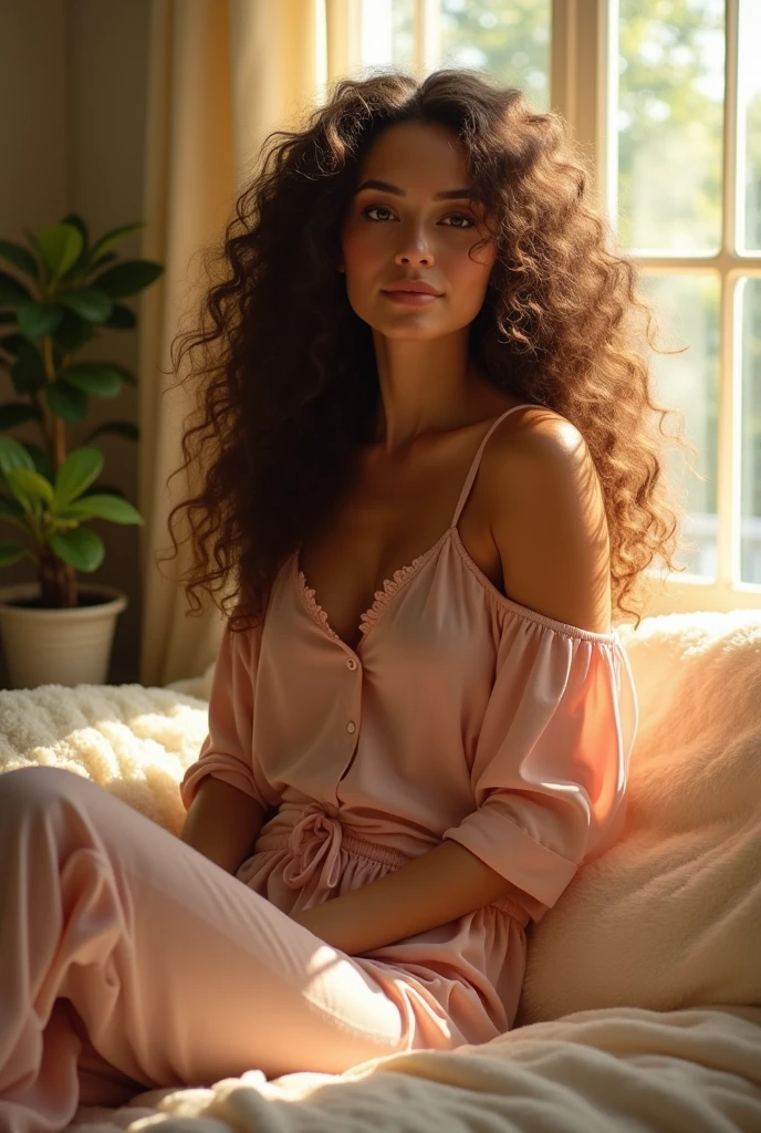 (photorealism:1.2), beautiful woman, sitting on bed, wearing loose off-shoulder top, pajama pants, long curly hair, indoors, soft lighting, plants in background, window with sunlight, cozy room, relaxed pose, realistic, intricate details, warm colors, by Greg Rutkowski, by Alphonse Mucha