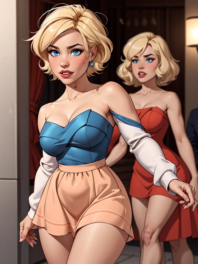 Hot blonde girl with short hair, blue eyes, wearing a peach strapless dress with bare shoulders and long sleeves, short dress showing her thighs