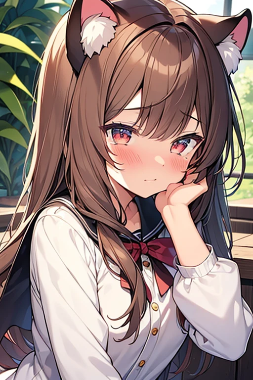 masterpiece,best quality,super detailed,super fine illustration,8k,Moe anime style light brown hair,Tiger brown cat ears,Blushing,Tears,Gazing at you,Having mushrooms,uniform,Red Hood,Girl,18yo,cute cute cute,tired tired tired,OPA OPAL OPAL,kawaii kawaii kawaii,pastel color,Watercolor style, perfect lighting ,perfect hands,cute face,