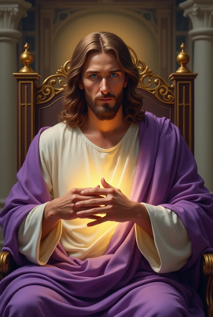 Perfect hand 5 finger, Portrait of a handsome Jesus Christ carrying Jesus Christ. wearing purple clothes shining the light from his head and heart all over. Sitting in the throne of the palace, handsome Jesus Christ and babyus Christ, real blue eyes, sunny day, intricate details.real handsome Jesus Christ and baby Jeshrist, straight head face, Straight body.Prayer handsome Jesus Christ and baby Jesus Ct, perfect full body, perfect hands finger,Prayer handsome Jesus Christ and baby Jesus Chrisraying handsome Jesus Christ and baby Jesus Christ baounds natural photographic