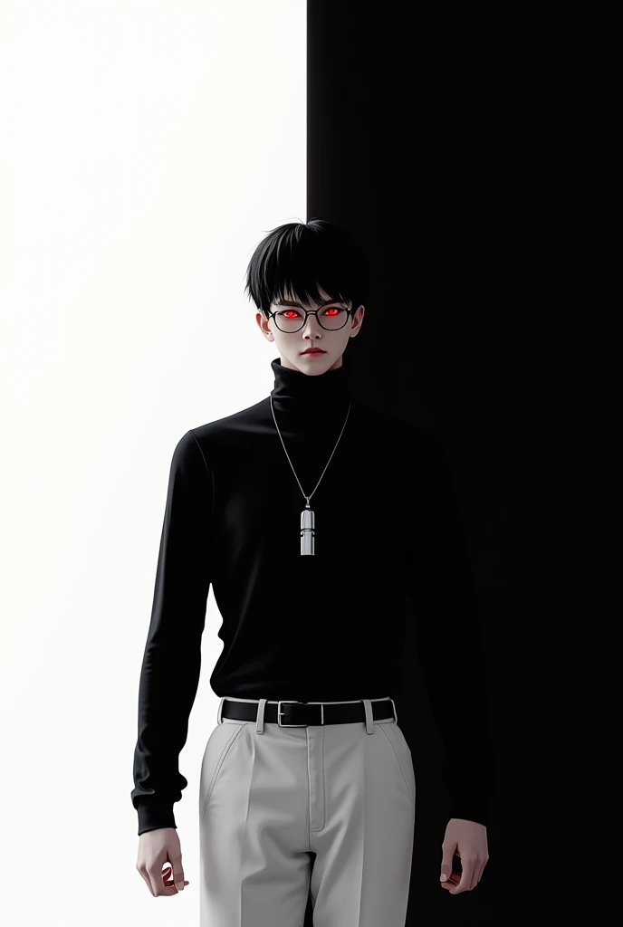 Man、Top section is white、The under section is black. Black turtleneck、A silver whistle around his neck、White trousers、Black belt、Red eyes with glasses