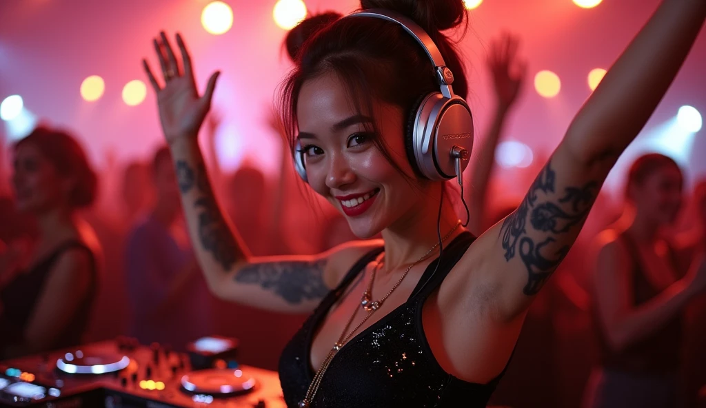 8k, a dancing beautiful asian cyborg with brown bun hair, ((DJ)), ((tattoos)), photography, portrait of gadis_jelita wearing black sequin flowy silk dress, red lipstick, silver DJ Headset, ((laughing)) ((eyes looking at camera)), excited, two hands on the air, detail, ((DJ table)), cheering crowds in the club, in blurry background, soft focus, (masterpiece, sidelighting, finely detailed beautiful eyes: 1.2), bokeh, hdr