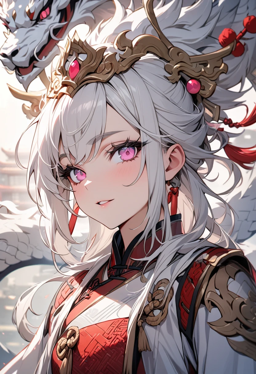((best quality)), ((Masterpiece)), (details), young man, white hair, pink eyes,handsome face, Beautiful skin , Long eyelashes, Thick eyelashes , Traditional Chinese Armor, white chinese dragon