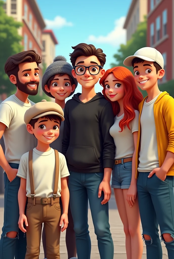 Group of 6 friends 8 year old boy in white shirt, beige suspenders and beige beret Young man with black sweatshirt and grey winter hat Young woman with white t-shirt with long wavy red hair Young man with white shirt and clean-shaven aviator glasses Young man with black tartan hat and black t-shirt Young man with white winter hat and white long-sleeved t-shirt with yellow sleeves