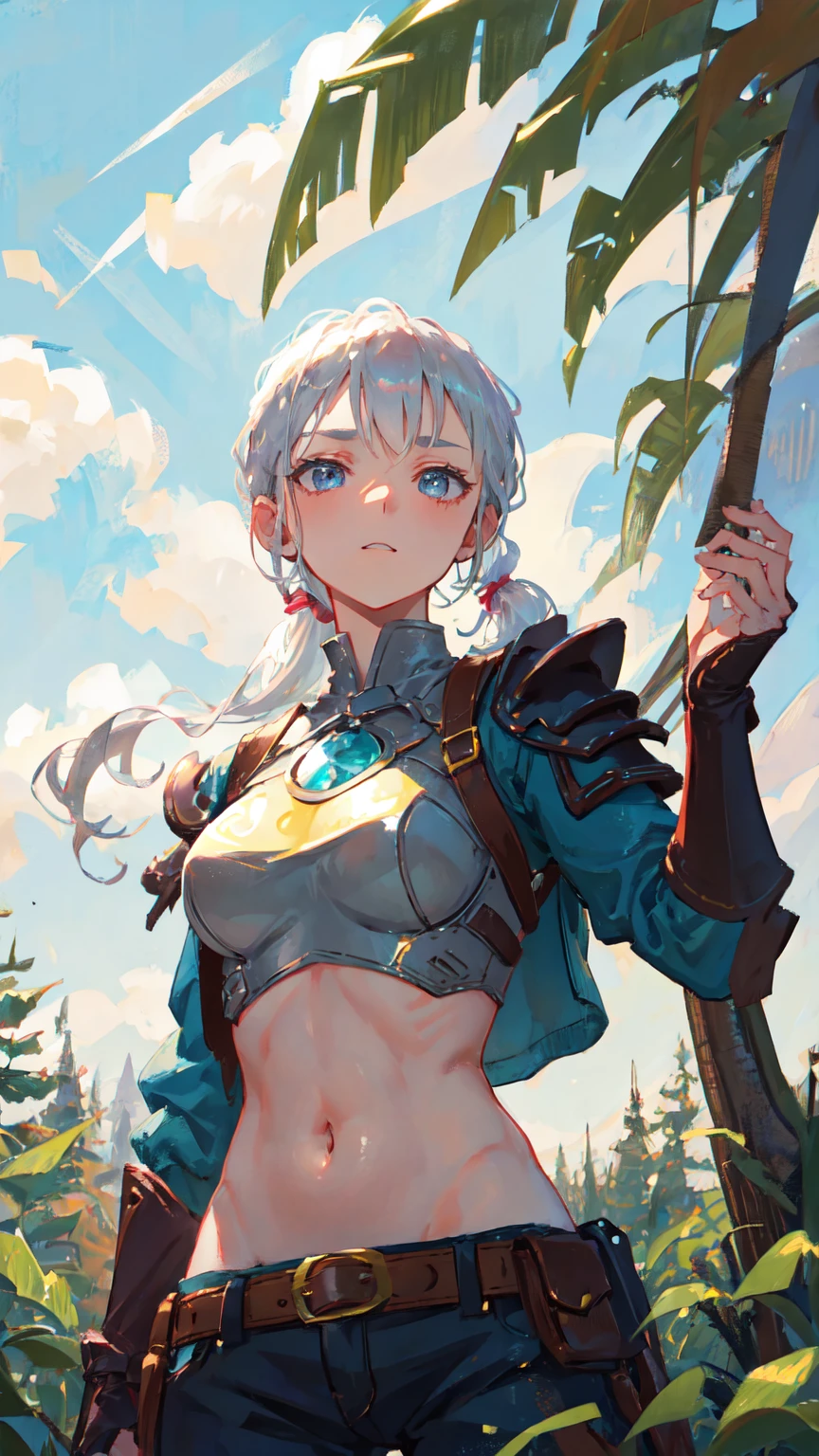 middle ages, Adventurer, 1girl, medium breasts, Long Hair, Silver Hair, ponytail, Hair tied up on the side, (dark skin), 24-years-old, standing,upper body, from below, Slanted eyes, Tension, Leather Breastplate, Leather shoulder pad, Cut on the cheek, Thick eyebrows, Long eyelashes, Curved waist, bare stomach, bare navel, Reverse-handed knife, Leather Gauntlets, outdoors, in the forest, noon,