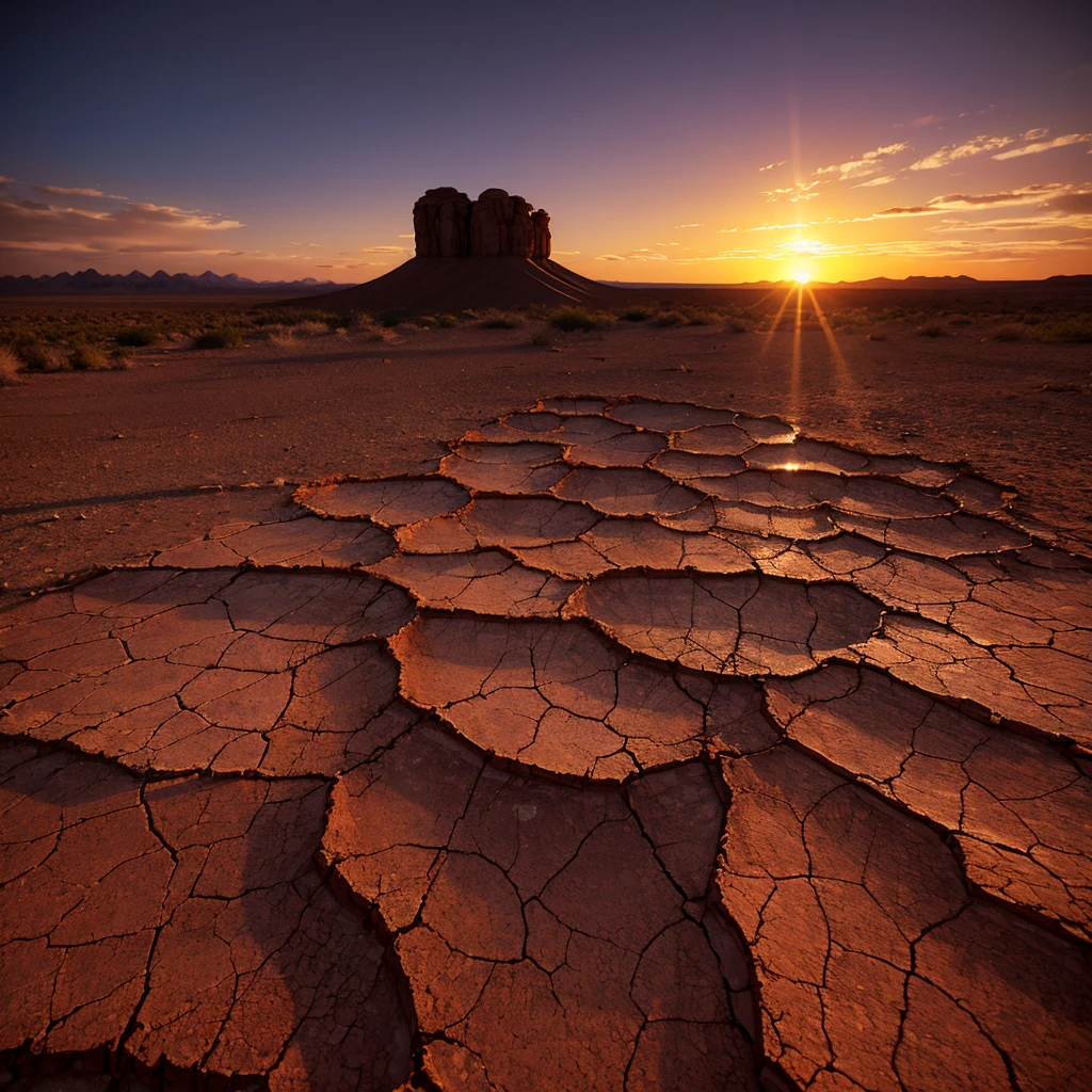 Dramatic sunset over cracked earth. Desert landscape background.