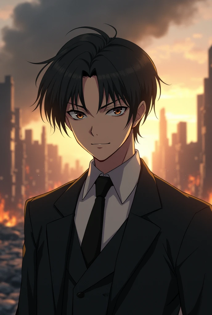 mappa s4 attack on titan screen cap black hair male brown eyes war scenery behind him He is wearing Suit wit studio screencap