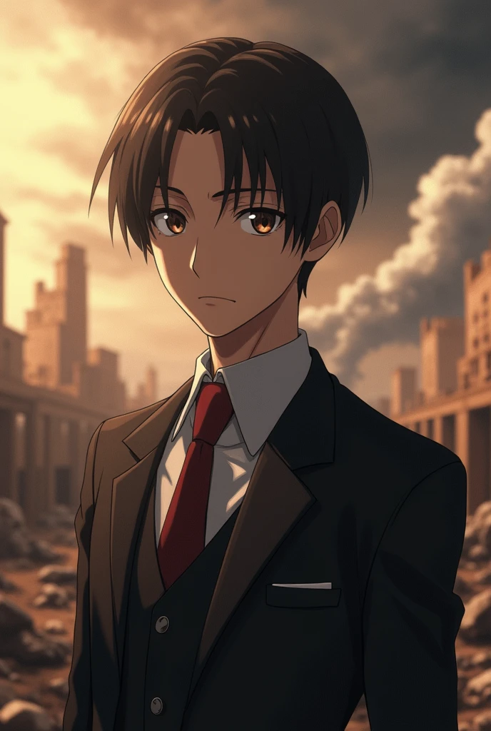 mappa s4 attack on titan screen cap black hair male brown eyes war scenery behind him He is wearing Suit wit studio screencap