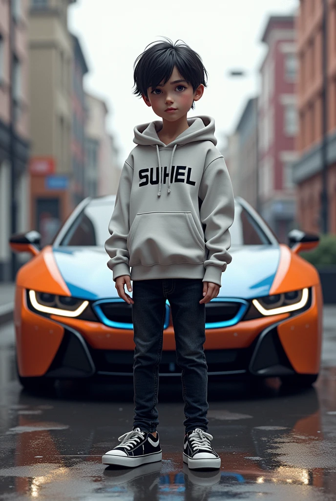 A boy he is shitted on front of BMW i8 car
He is clothing a black jeans and white hoodie and black and white air sneakers
On hoodie write SUHEL
Her hear is straight