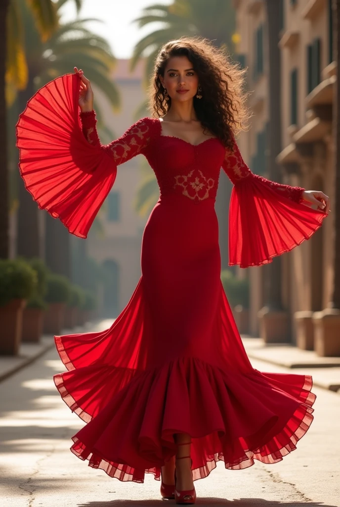 Front view, looking at viewer, A Spanish girl , 18-age-old, beautiful girl, (dark brown hair , brown eye, middle curl hair, little smile ),(middle ???????, middle hip) , (red flamenco wear ,  long skirt, big  red open fan, red shoes ), dynamic dancing  pose ,on road, Pull-body,  front Alhambra palace, noon, (super detail, high details, high quality, accurate, anatomically correct, textured skin, beautiful fingers super detail, high details, high quality, best quality)