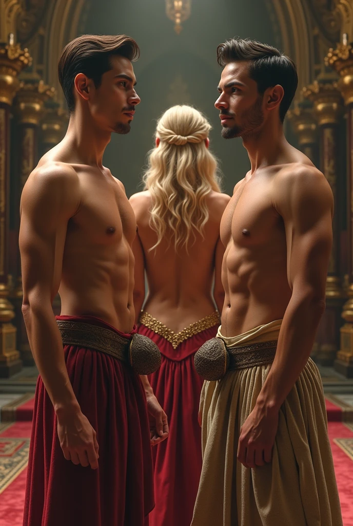 Fantasy Boys, two young men slaves 22 years old brown and handsome beautiful naked and a blonde princess from behind full body in a castle