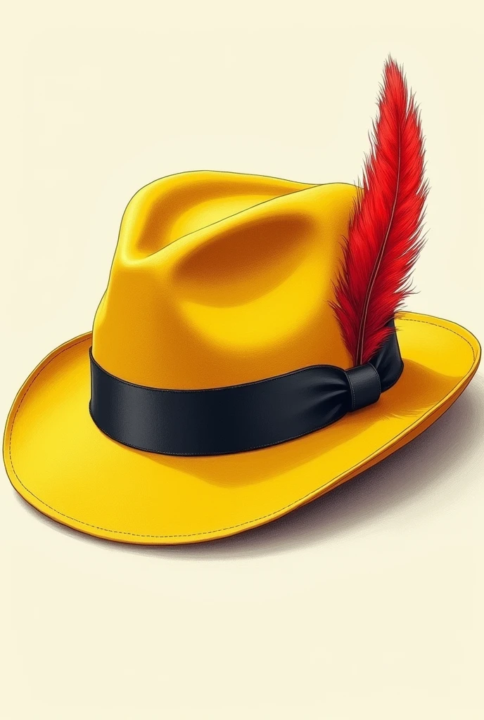 drawing of a yellow fedora with a red feather