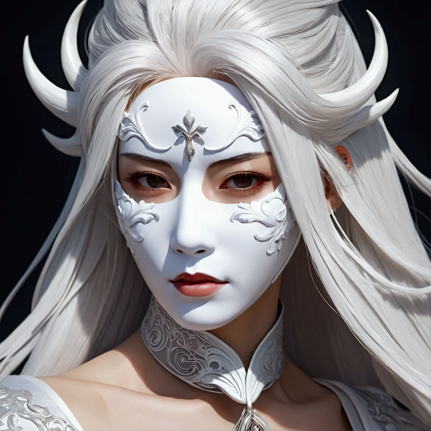 Close-up of a woman with white hair and a white mask, Beautiful character drawings, Gwaiz, artwork in the style of Gwaiz, White-haired God, Jan J, Magnificent and elaborate character art, Amazing character art, Fan Chi, By Wujun Shifan, Gwaiz on pixiv artstation
