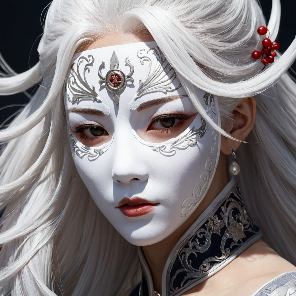 Close-up of a woman with white hair and a white mask, Beautiful character drawings, Gwaiz, artwork in the style of Gwaiz, White-haired God, Jan J, Magnificent and elaborate character art, Amazing character art, Fan Chi, By Wujun Shifan, Gwaiz on pixiv artstation