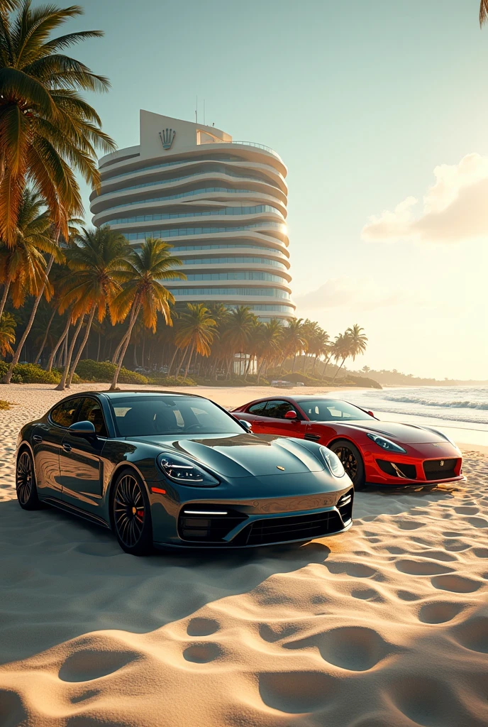 Porsche panamer and nisan skyline on the beach next to the rolex building