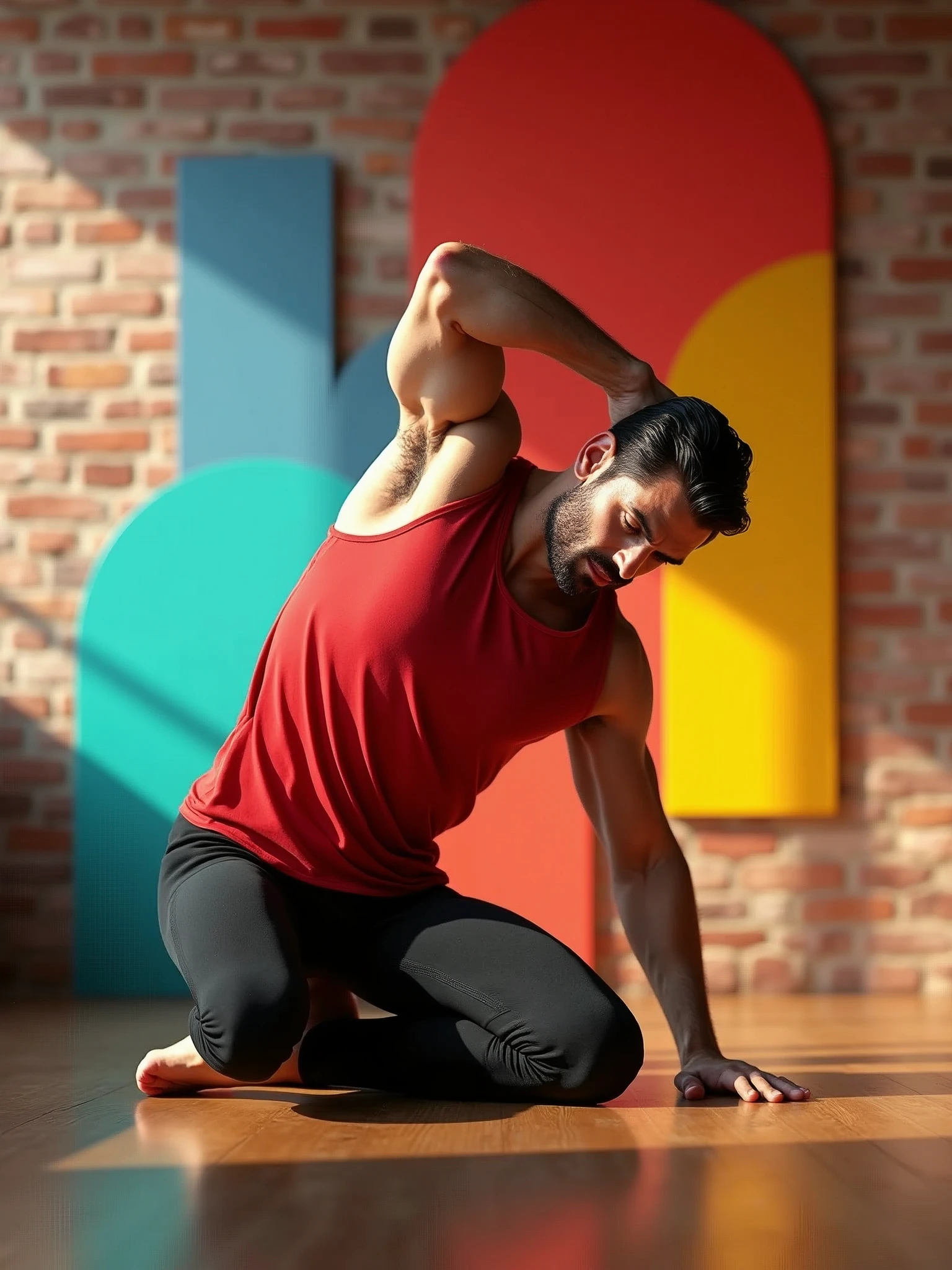 Inside a bright pilates class with exposed brick walls, a male model with a muscular build and dark hair performs a pilates stretch on a mat. He's wearing a red sleeveless top and fitted black leggings that reach below his knees. His expression is focused and determined. Colorful abstract shapes in #FF6B66 and #FFC132 decorate the background, emphasizing his dynamic pose