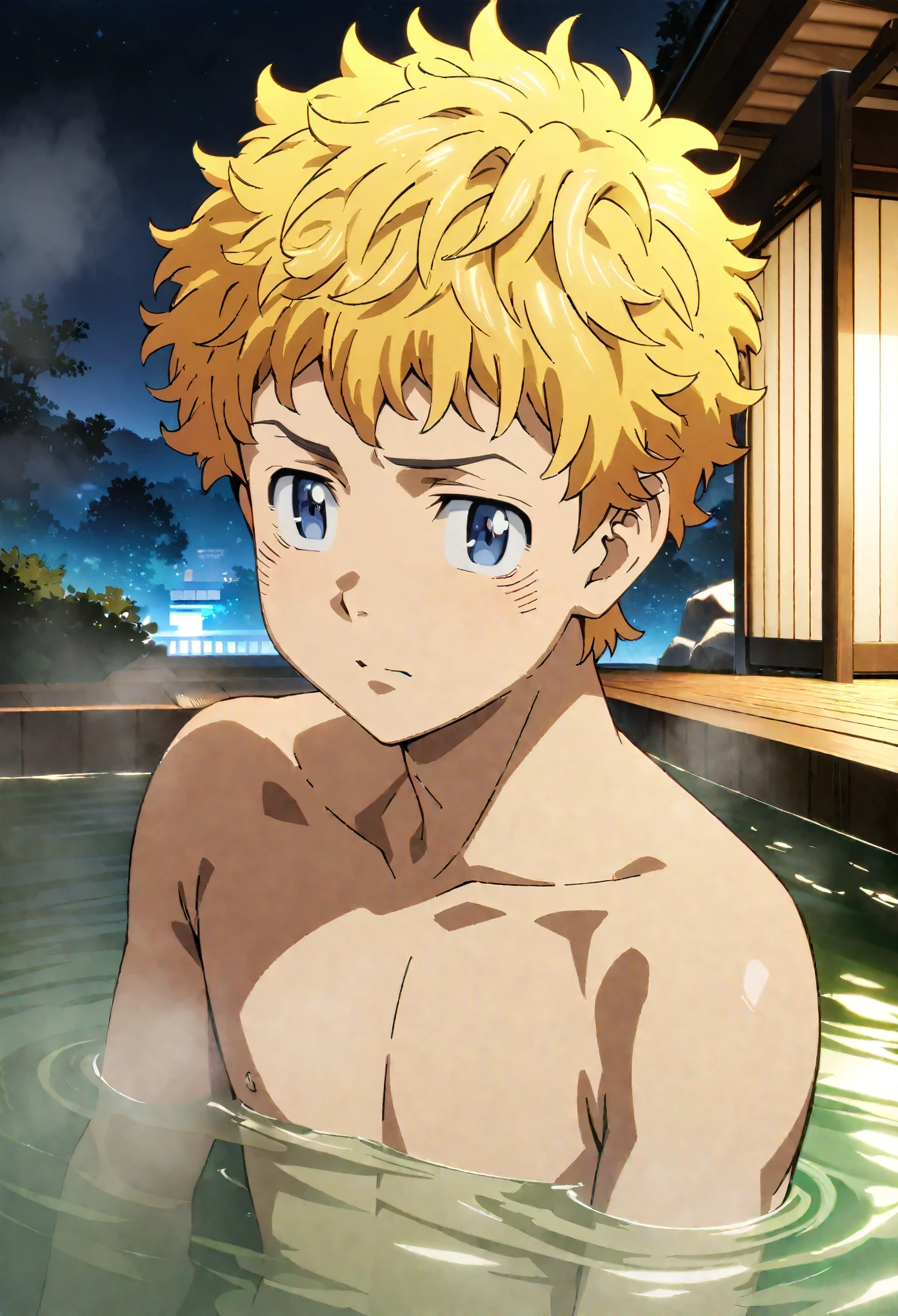 masterpiece, best quality, high quality, 1male, solo ,tomichi_hanagaki, male_focus, blond, blue eyes, feeling shy, fully naked, frontal, during night in the onsen, full body, male genitals, small-size soft penis, handsome, detailed face, eyes and hands without errors, anime style, best quality, high detail, unity 8k wallpaper, high resolution, vivid colors, detailed high quality background, pene pequeño, detalle nítido, extremadamente detallado, Intrincado, Alta resolución, 17 years old, noche, desnudo, ultra-detailed