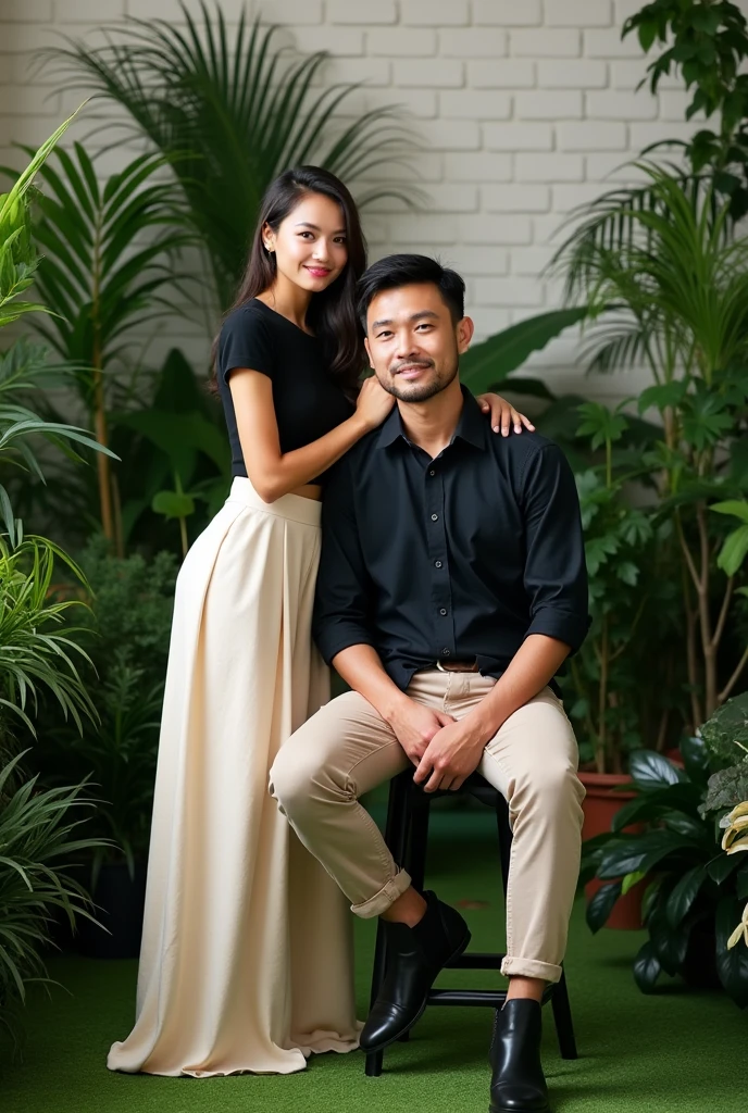 The image shows a couple posing in a lush, green, indoor garden setting. The woman stands to the left, slightly leaning into the man who is seated on a tall stool. She has her left hand gently placed on his right shoulder and his arm resting on her waist. She is dressed in a simple, elegant outfit: a black short-sleeved top tucked into a long, high-waisted cream-colored skirt that reaches down to her ankles. She is wearing nude-colored, low-heeled shoes.

The man is seated on the stool with his hands resting on his knees. He is wearing a casual yet neat outfit: a dark, long-sleeved shirt with the sleeves rolled up, beige chinos, and black ankle boots. He looks straight into the camera with a calm expression.

The background is filled with various green plants and shrubs, creating a serene, natural atmosphere. The white brick wall behind them is partially visible through the foliage, adding a subtle contrast to the greenery. The floor is covered with green artificial grass, which, combined with the plants, gives the space an almost outdoor-like feel despite being indoors.

Overall, the composition of the image is intimate and tranquil, with the couple's close proximity and the lush, vibrant greenery surrounding them contributing to a warm and peaceful mood.
The woman has a delicate and refined facial structure with soft features. Her face is slightly oval, and she has high cheekbones that subtly enhance her gentle expression. Her complexion is fair, and her skin appears smooth and flawless. Her dark hair is neatly pulled back, accentuating her slender neck and graceful posture. Her eyes are almond-shaped, and she has a serene, almost serene gaze directed towards the camera, giving her a composed and calm appearance. Her lips are naturally full and slightly curved into a gentle, content smile.

The man has a more angular facial structure, with a strong jawline and prominent cheekbones. His face is broader, and he has a healthy complexion. His hair is dark, thick, and 