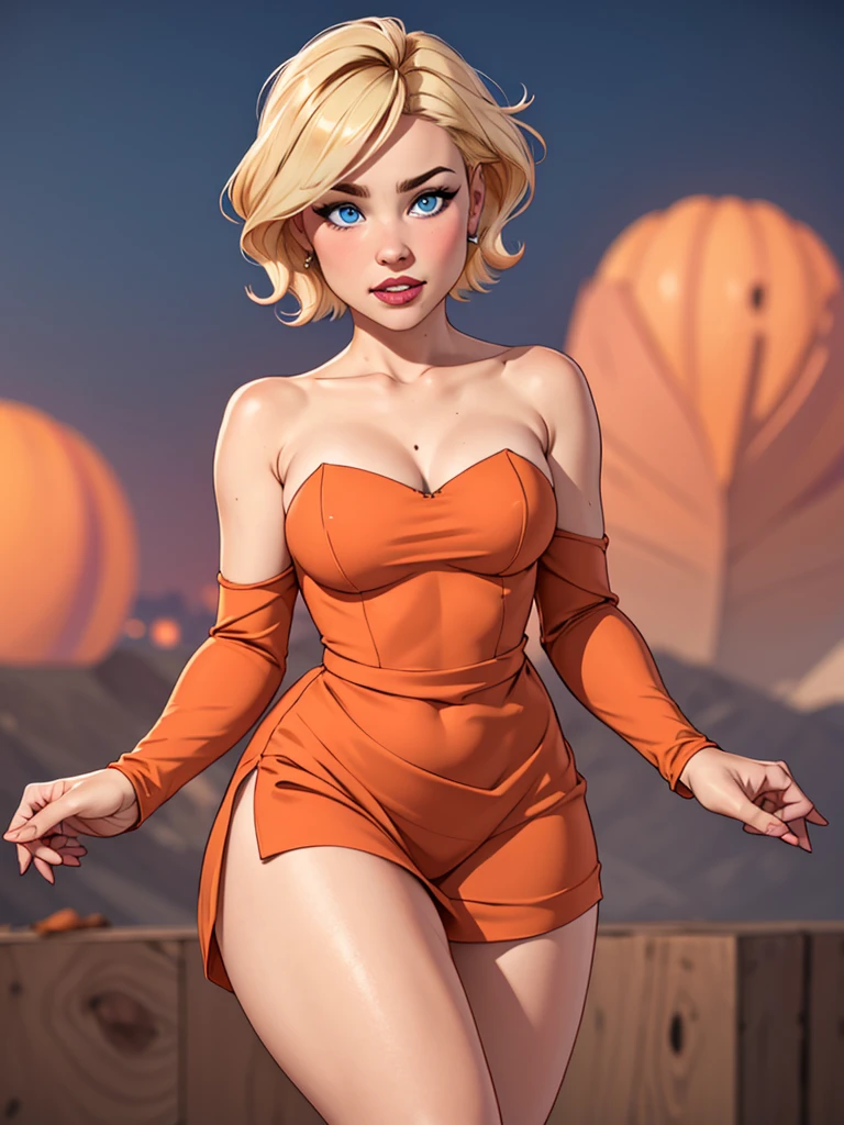 Hot blonde girl with short hair, blue eyes, wearing a peach strapless dress with bare shoulders and long sleeves, short dress showing her thighs