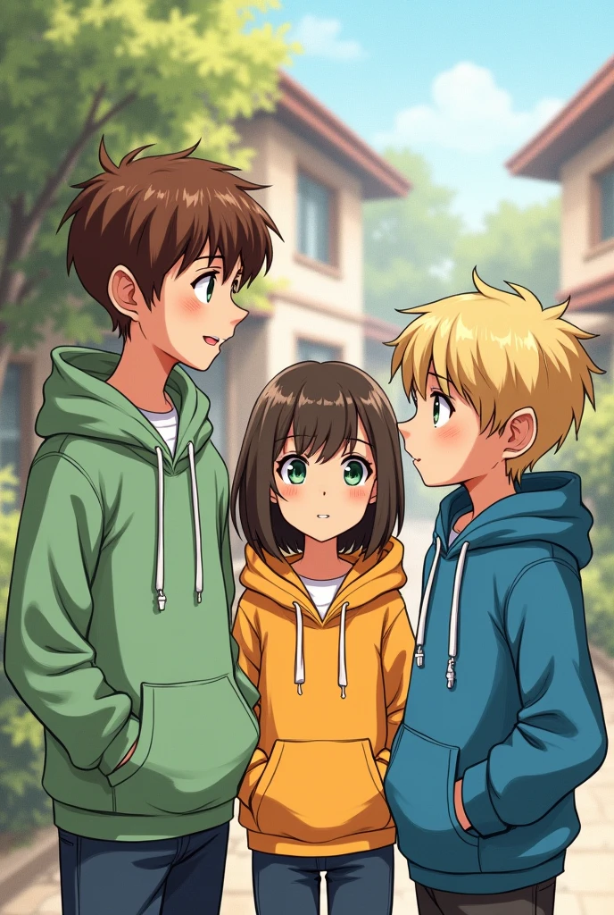 3 people talking 2 boys and a girl, All 3 of them are wearing kangaroo-type sweatshirts, The girl with green eyes and bangs, hair below her shoulders and of medium height, The first boy is tall with medium-short brown hair, Brown eyes, the second boy is tall with green eyes, medium blonde hair, a sketch please, thank you, mas alta la chica y el otro chico de poleron azul igual y con Brown eyess el chico rubio ojos verdes la chica con pelo mas largo y mas alta, HIGHER and different position, not so lively, but real life, mas altala chica, different position other,more real emmmmmm almost, the girl another position with a background behind a house but inside the house that 2 men