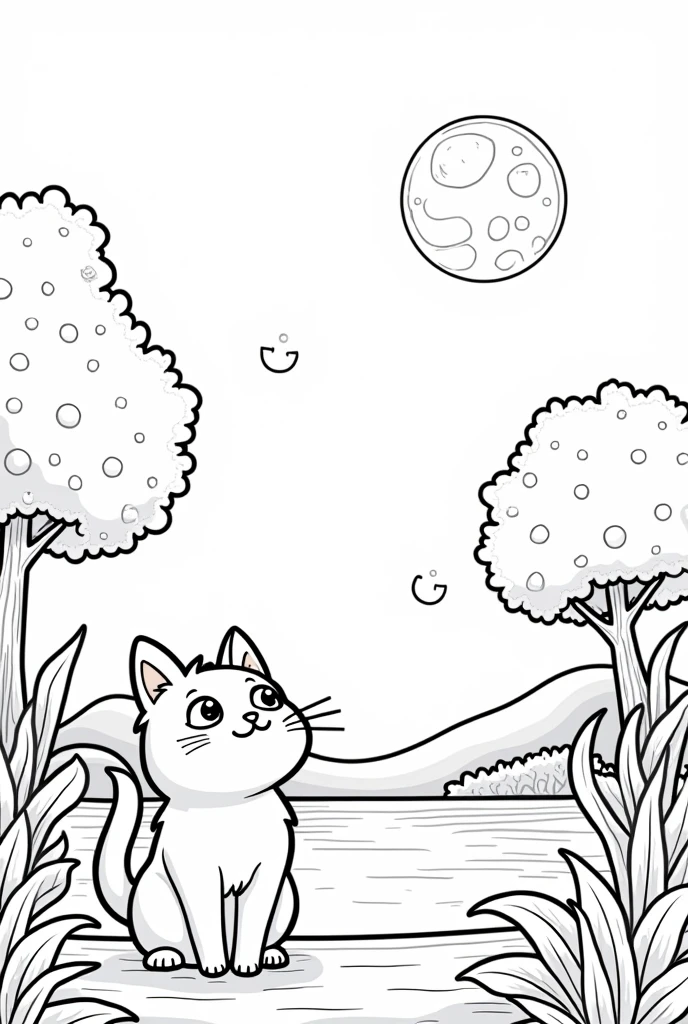 a beautiful happy cat with tender eyes looking at the moon in front of a lake with trees and big plants around rounded edges in black and white with white background for a coloring book for kids in cartoon style