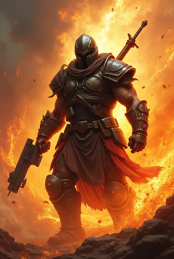An image of very strong fire, he is a warrior full of weapons and with a helmet and vest., and it's called the pussy eaters
