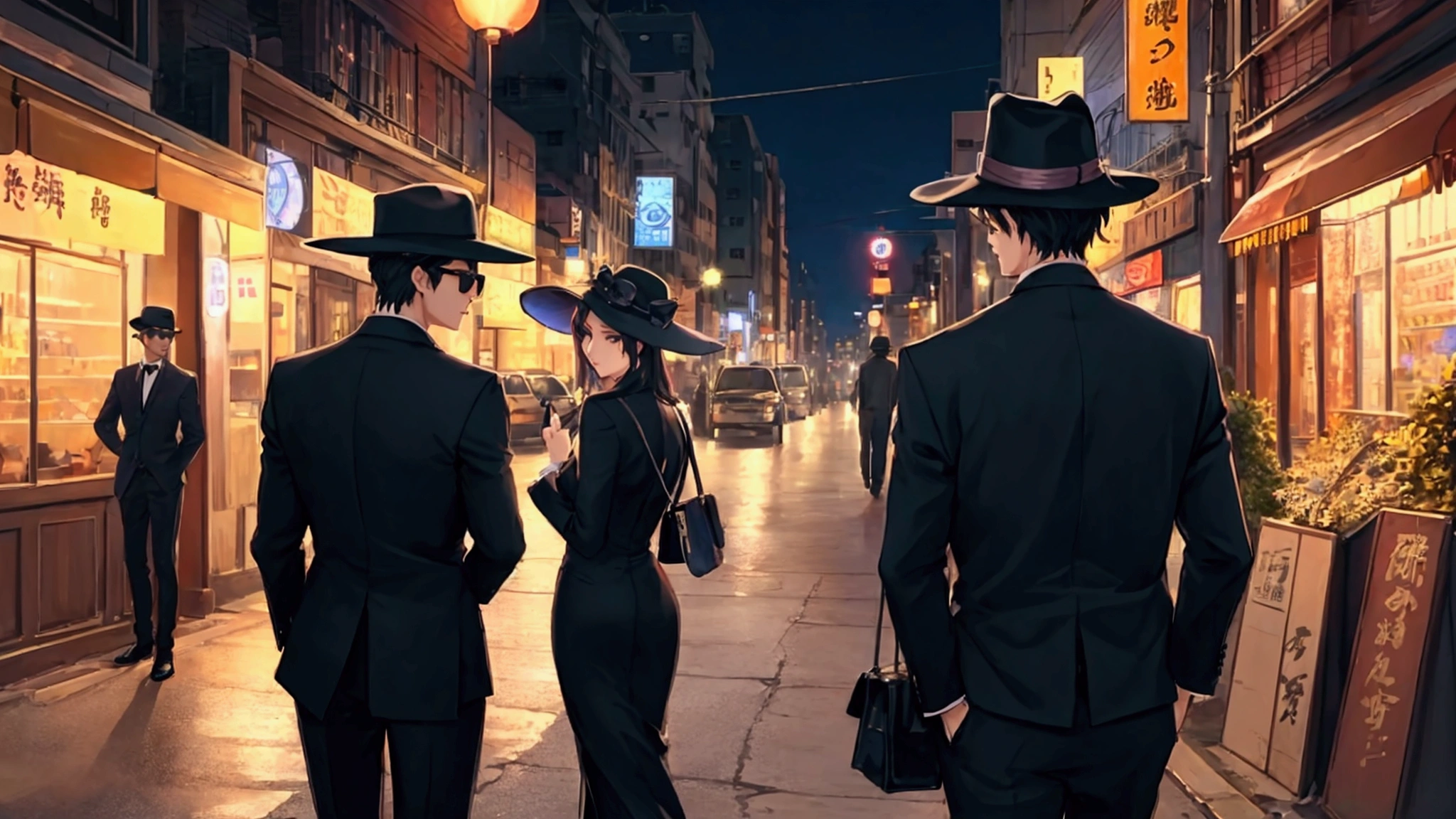 Night Town、City、cool、dark、Street lamp、suit、back view of three people、Two Men、One Woman、Eyes on the viewer、tobacco、silk hat、sunglasses、stylish、Handsome Men and Beautiful Women