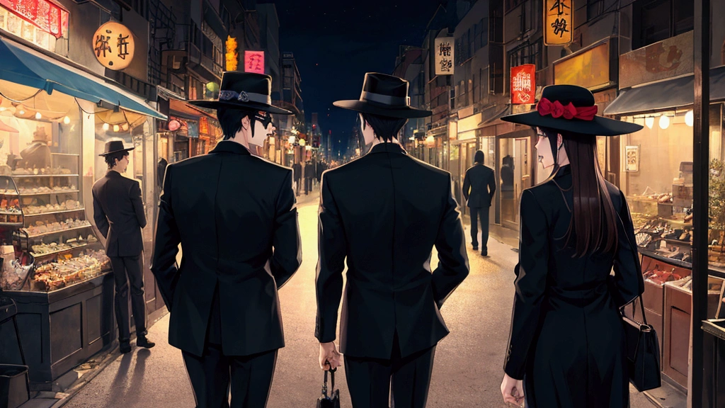 Night Town、City、cool、dark、Street lamp、suit、back view of three people、Two Men、One Woman、Eyes on the viewer、tobacco、silk hat、sunglasses、stylish、Handsome Men and Beautiful Women