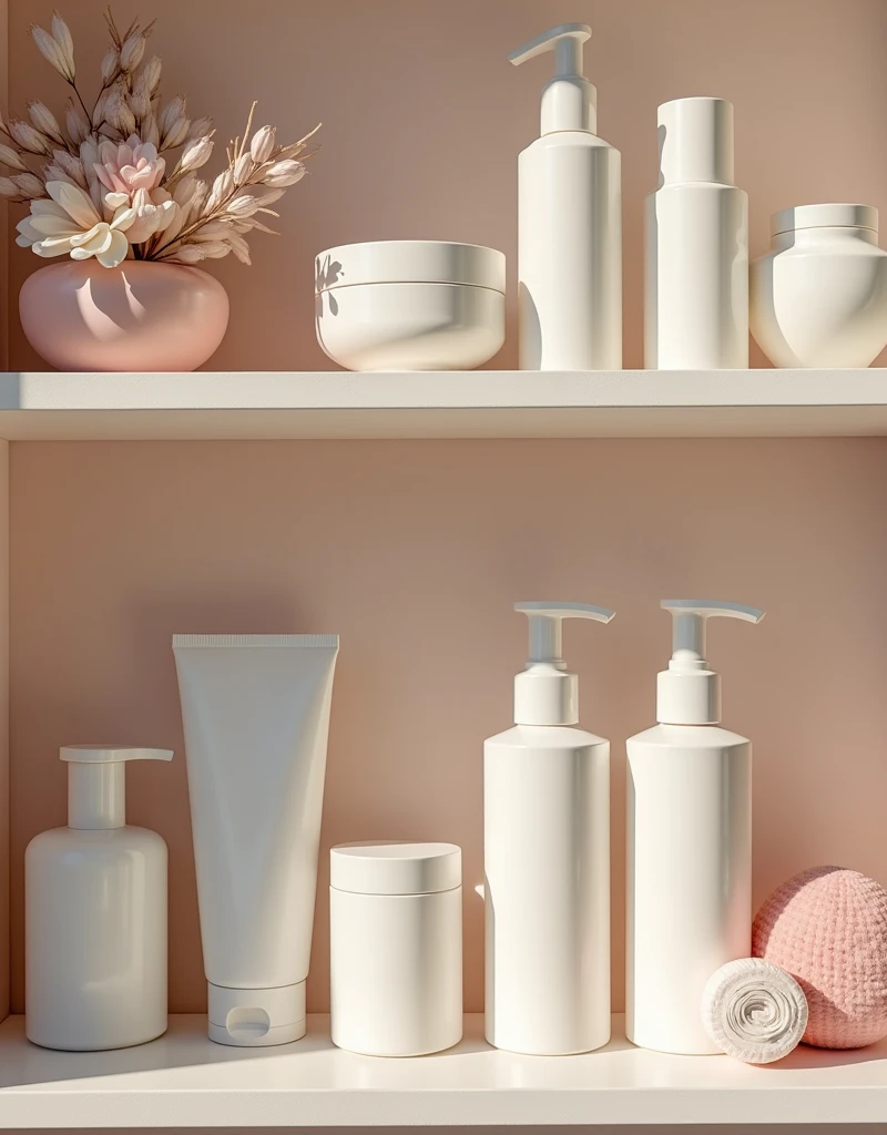 Shelf full of beauty products to take care of your skin 
