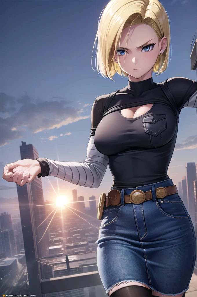 Android 18, Android 18, Blonde, blue eyes, eyelash, hoop Earrings, short hair, Earrings,
break belt, Black legwear, black shirt, breast pocket, Cleavage, clavicle, denim, denim skirt, high-waist skirt, jewelry, Long sleeve, pocket, shirt, shirt tucked in, skirt, Striped, Striped sleeves, Waistcoat,,
break outdoors, city, null, cloud, sun,
break looking at viewer, (Cowboy Shot:1.5),
break (masterpiece:1.2), Highest quality, High resolution, unity 8k wallpaper, (figure:0.8), (Beautiful attention to detail:1.6), Highly detailed face, Perfect lighting, Highly detailed CG, (Perfect hands, Perfect Anatomy),large breasts,cleavage cutout, cleavage