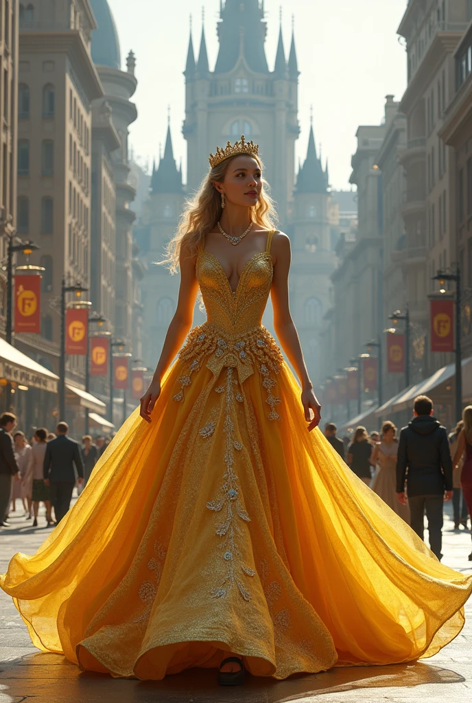 (photorealism:1.2) A princess walked down the street of a modern city wearing an immense golden dress and a crown, and above them a dazzling palace. 