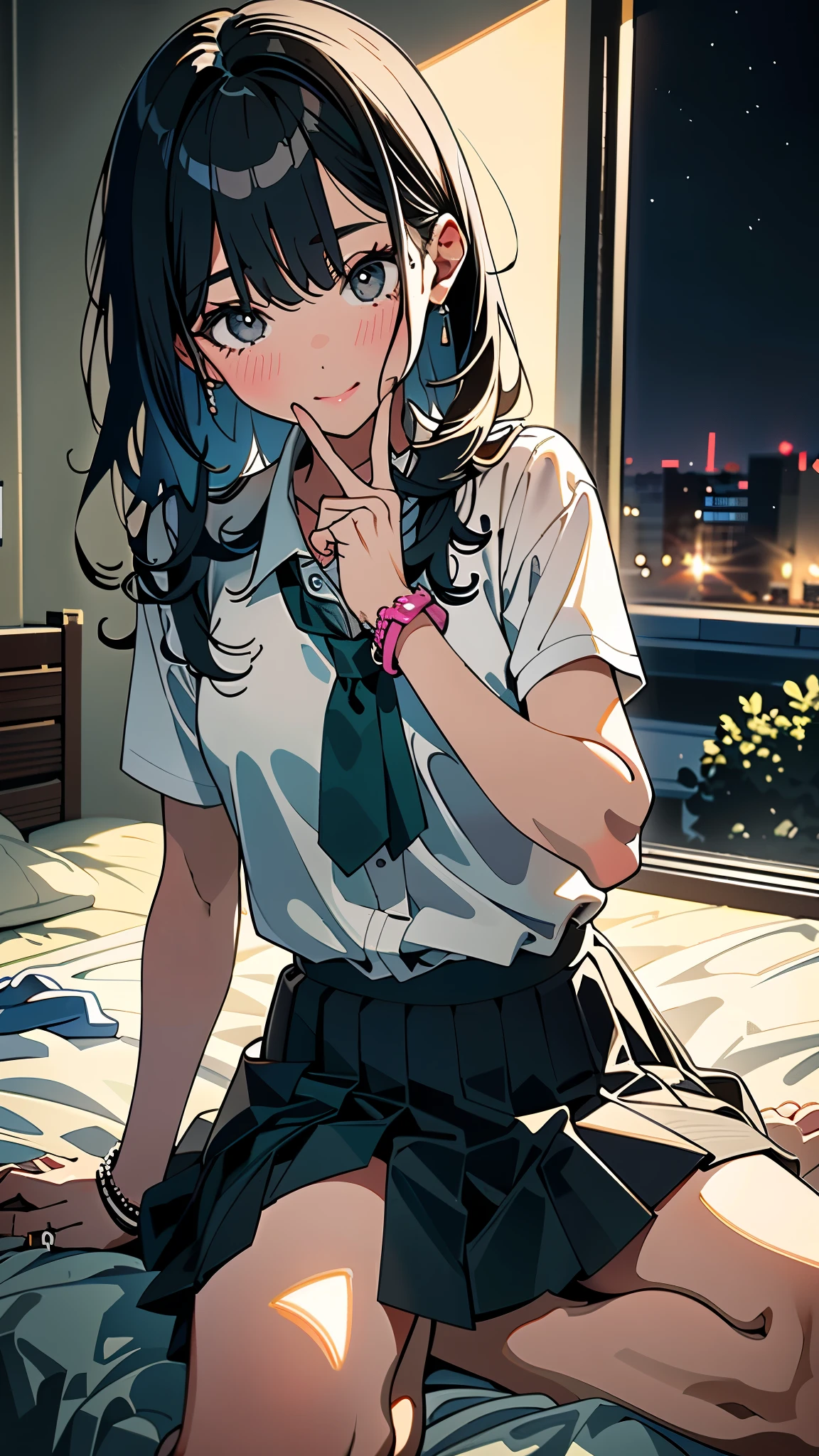 (8k, RAW Photos, 最high quality, masterpiece:1.2), high qualityのRAWカラー写真, Professional photo shoot, Cinematic Light, night、Late night、alone, (((young woman, Gal))), (Sharp features), (Small face), (Skin with attention to detail:1.2), clavicle, Cute Face, Beautiful appearance, Long eyelashes,Girl Turning Around, smile, (Black Hair, Long straight line), high school student, Green tie, Navy knit vest、, White shirt,Roll up your sleeves、bracelet ((Mini Pleated Skirt)), bedroom, Embarrassing, sad, Artistic painting,Attractive thighs, barefoot、(Very nice touch:1.2), (Watery eye), sad雰囲気, Oil painting style, Dark colors, (No shoes )(((Pay attention to the butt))), Smooth texture, Gazing Eyes, Beautiful Skin, Glowing Skin, ((Perfect Fingers, Five Fingers, Anatomically correct)), Background Blur, high quality, Surreal, ((Very detailed, photo shoot)),,View from below、blush、、Embarrassing、Full Body Shot、Embarrassing、blush、Put your hands on the ground、(Show your viewers your sexy panties)，((Sit with your right knee upright))