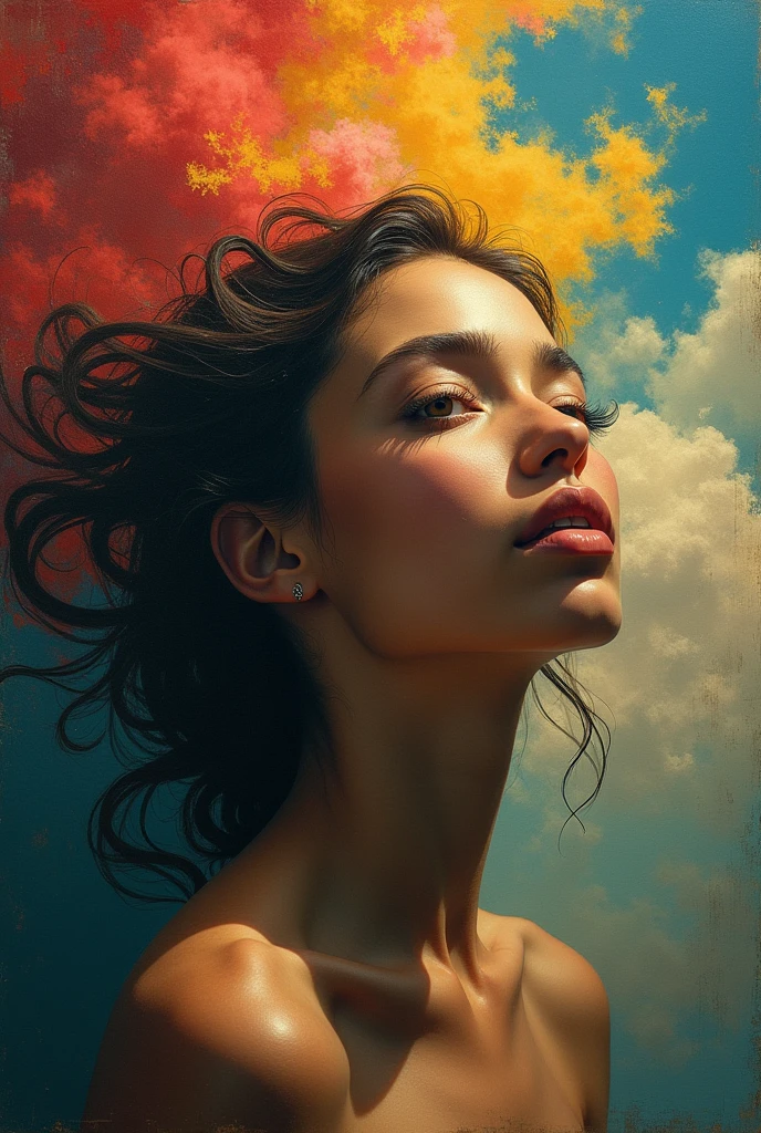 I am the last surrealist painting that exists on this planet, the last work of art that represents a beautiful woman of different races full of hope wrapped in an unreal world full of strange things., The message I want to leave is that art once existed , real very real , 24k unique piece rule of thirds cinema lighting finishes like photoshop and colors of a work of art great depth of field difference of 3d planes