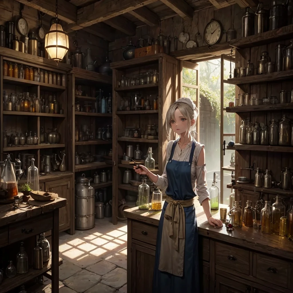 scene where old woman brewing the potion in her alchemist shop, There is a lot of herbs hanging from the ceiling, next to her is large tank for brewing and some metal pipes, stove for alchemy, tinkering, dirty leather clothes and thick leather apron, a lot of flasks and jars, gloomy mood