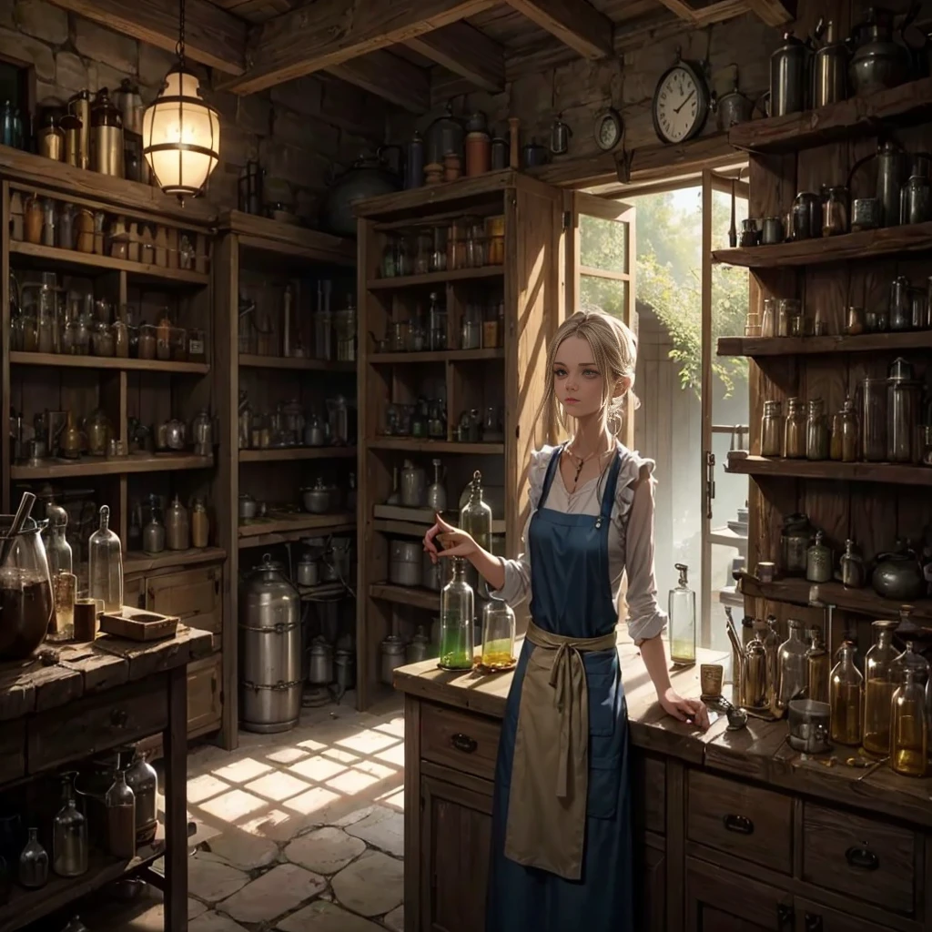 scene where old woman brewing the potion in her alchemist shop, There is a lot of herbs hanging from the ceiling, next to her is large tank for brewing and some metal pipes, stove for alchemy, tinkering, dirty leather clothes and thick leather apron, a lot of flasks and jars, gloomy mood