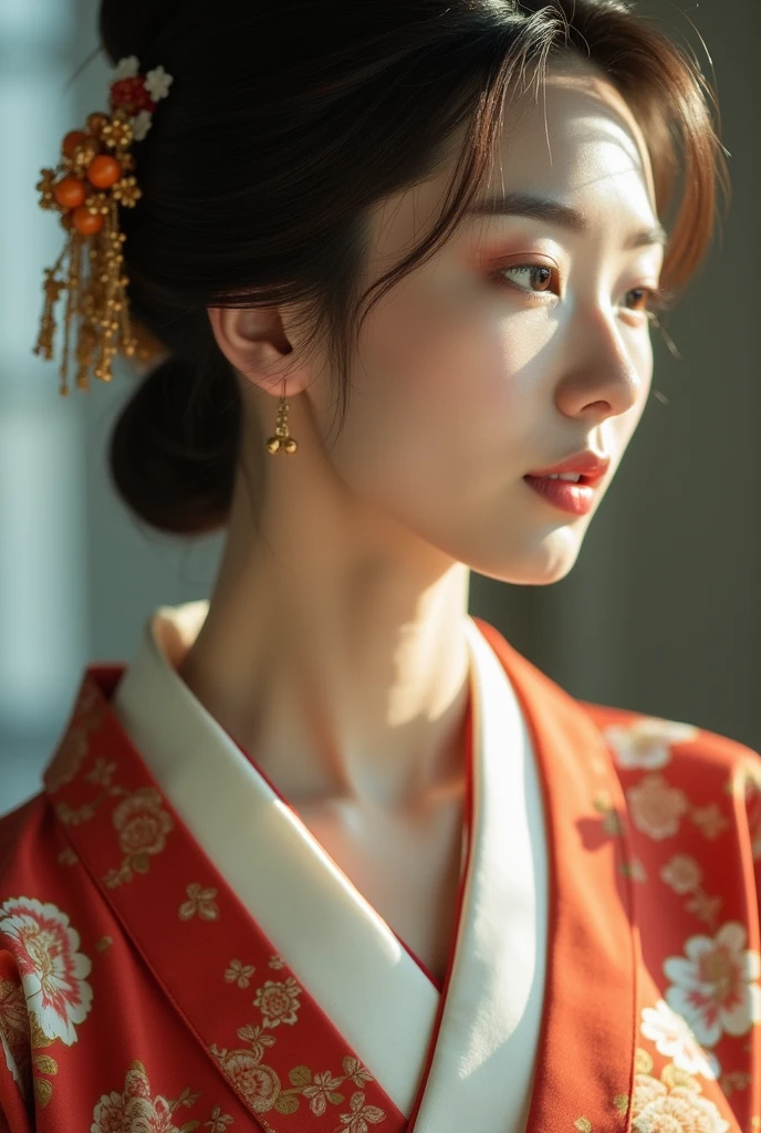An elegantly dressed Japanese woman in natural light、A close-up of her chest and calm expression.、It shows her inner peace and outer charm.。